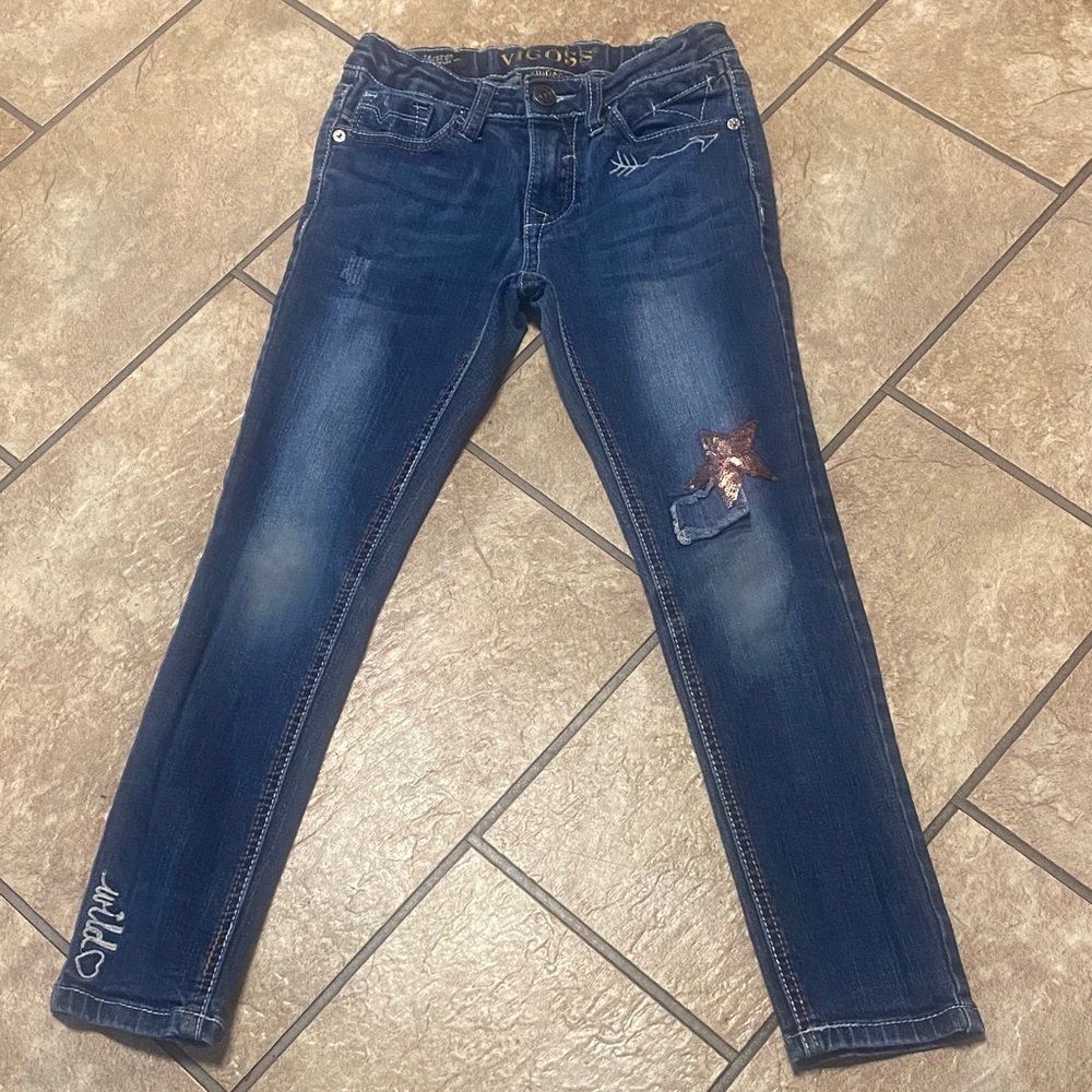 Vigoss Girl’s Size 8 Blue Skinny Jeans with Star Accent Casual Distressed Kid’s